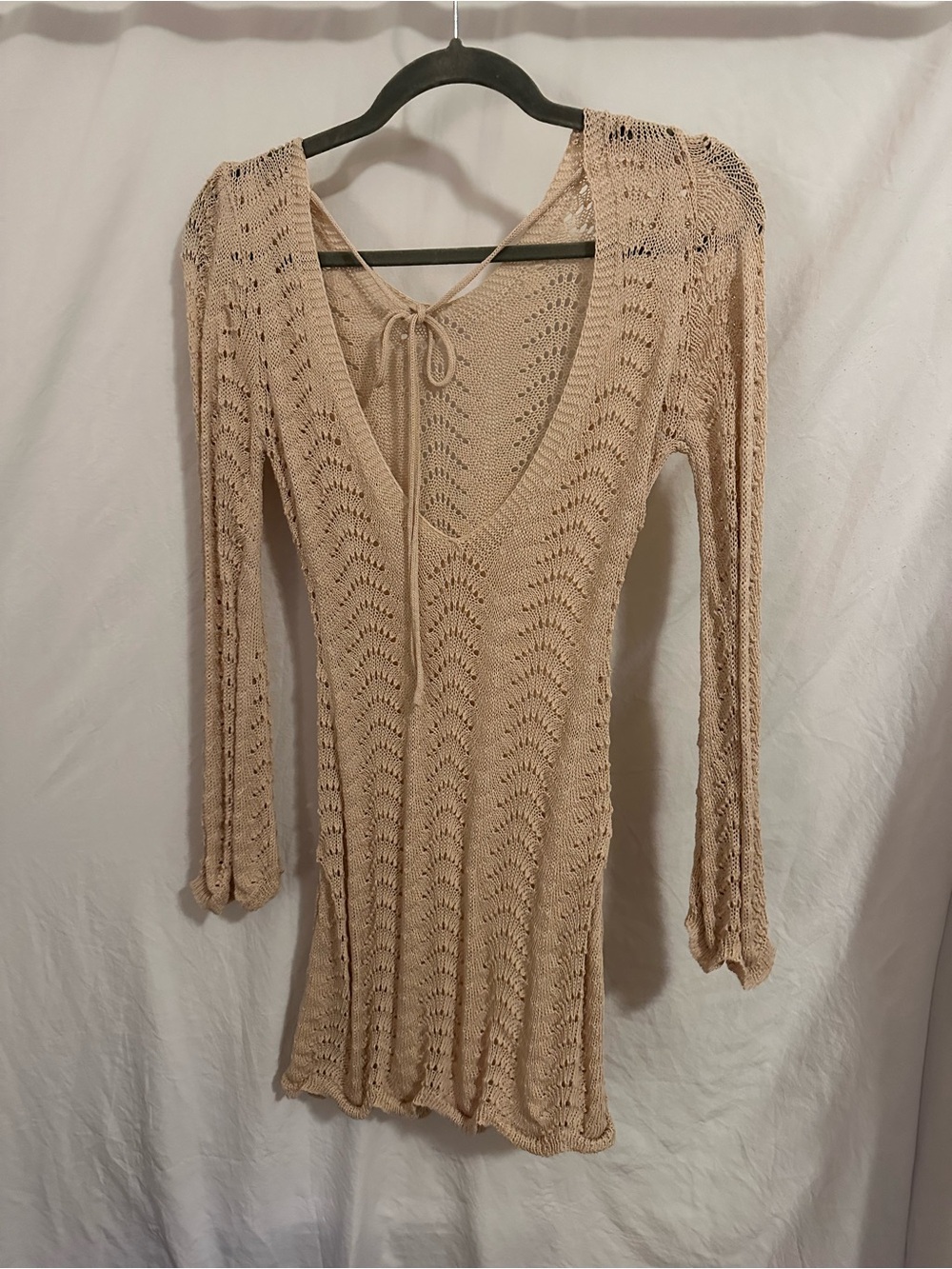 Beige Knit V-Neck Long Sleeve Swimsuit Cover-up